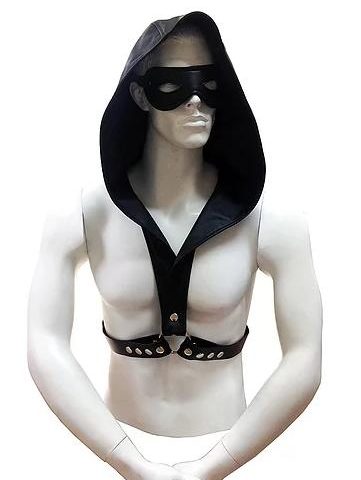 Black Faux Leather Harness Hoodie With Leather Strap