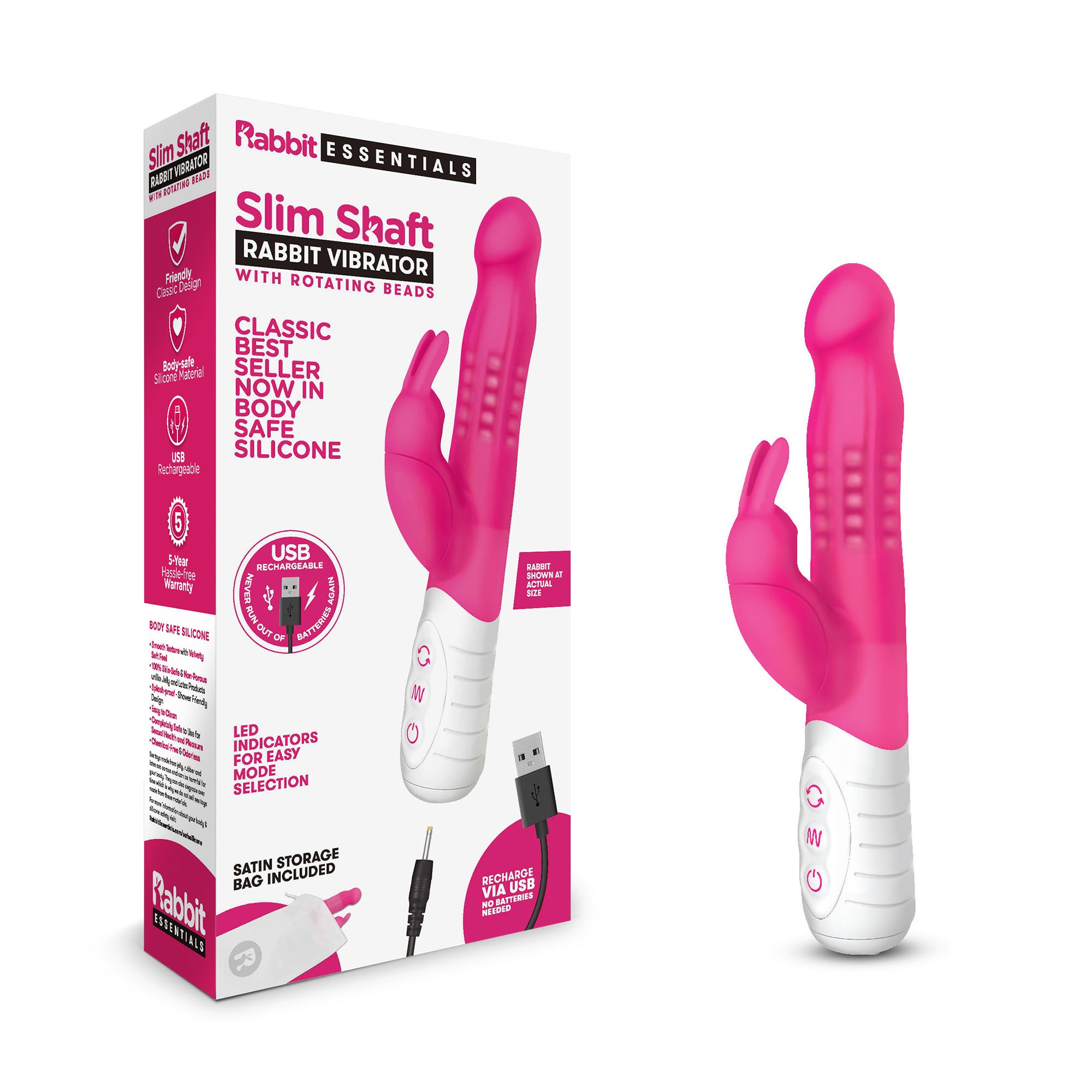 Rabbit Essentials Rechargeable Slim Shaft Rabbit - Hot Pink